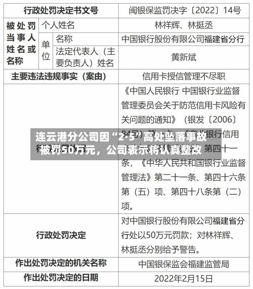 连云港分公司因“2·5”高处坠落事故被罚50万元	，公司表示将认真整改-第1张图片
